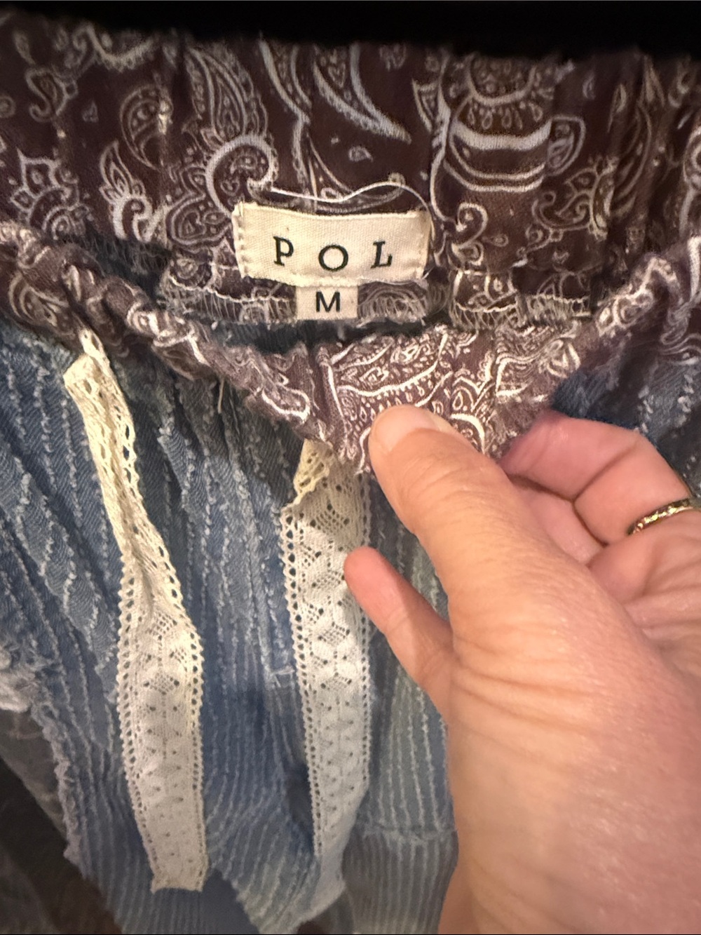 POL Patchwork Boho Drawstring Pants in Blue and Brown. NWOT - Picture 2 of 8